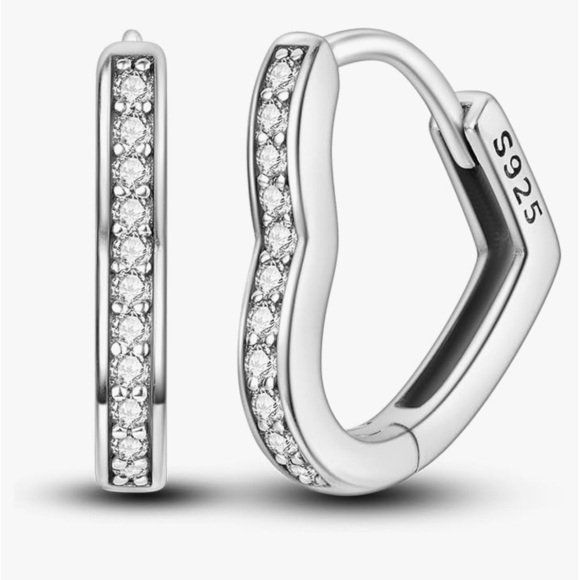 Sterling Silver 925 heart Hoop Earrings with CZ - Picture 1 of 3